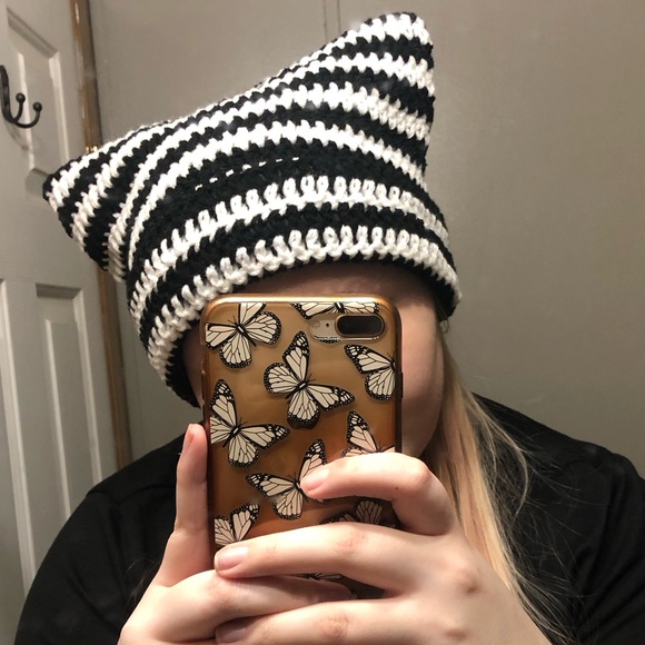 Black and White Crochet Cat Ear Beanie - Picture 3 of 4
